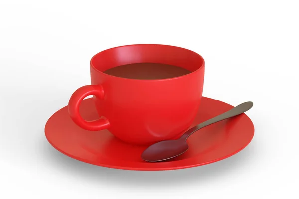 红色咖啡杯 茶托和勺子在白色背景上隔离 3D渲染3D说明 — 图库照片