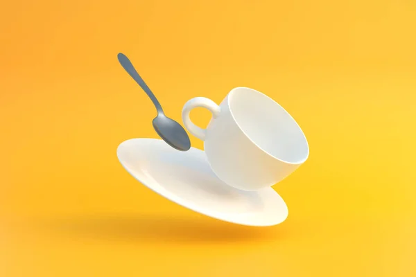 Kaşıkla Bir Fincan Kahve Beyaz Kupa Açık Sarı Arka Planda — Stok fotoğraf