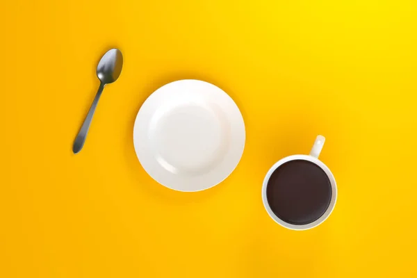 Κάτοψη Ενός Φλιτζανιού Καφέ Πιάτο Και Κουτάλι Κίτρινο Φόντο Πρωινή — Φωτογραφία Αρχείου