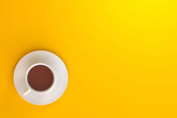Sarı Arka Planda Tabağı Olan Bir Fincan Kahvenin Üst Görüntüsü — Stok fotoğraf
