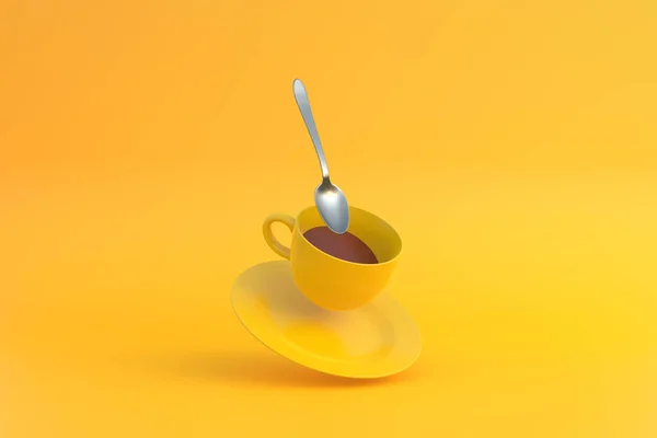 スプーンでコーヒーカップの浮遊 白いマグカップは明るい黄色の背景に空気中を飛んでいます 最小限のコンセプト 3Dレンダリング3Dイラスト — ストック写真