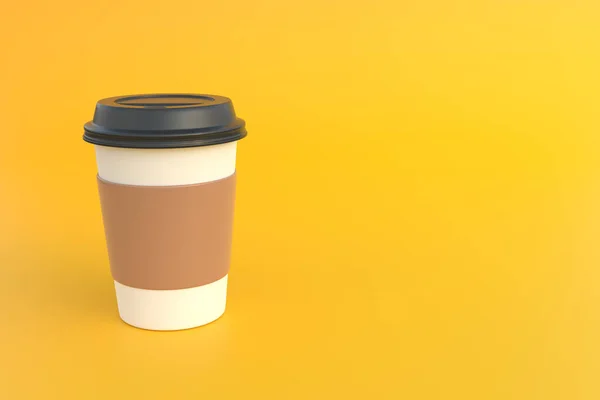 Disposable Paper Coffee Cup Black Lid Yellow Background Minimal Concept — Stock Photo, Image