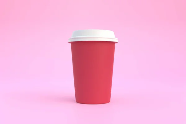 Disposable paper coffee cup with white lid on pink background. Minimal concept. 3D Rendering 3D Illustration