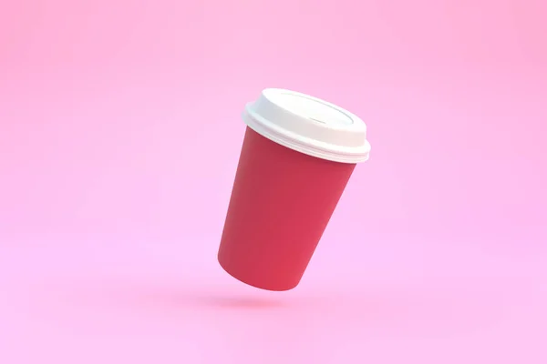 Wegwerp Papieren Koffiebeker Met Zwart Deksel Lucht Roze Achtergrond Minimaal — Stockfoto