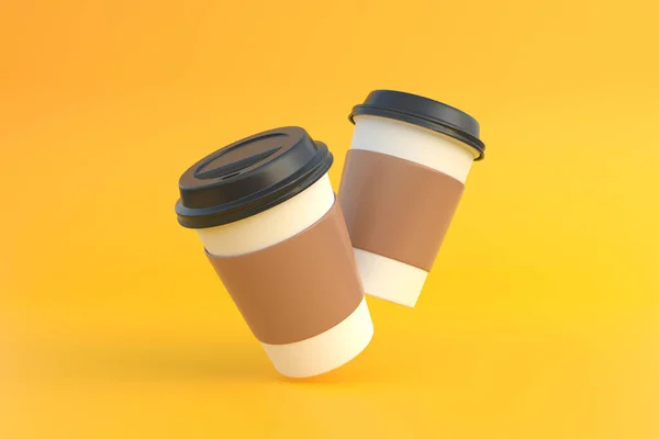 Две Одноразовые Бумажные Чашки Кофе Черной Крышкой Воздухе Желтом Фоне — стоковое фото