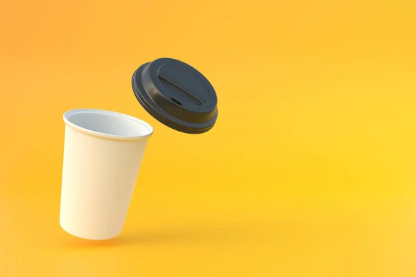 可有可有可无的纸杯咖啡 黑色的盖子在空气中 黄色的背景 最小的概念 3D渲染3D说明 — 图库照片