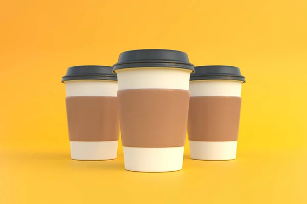 Trzy Jednorazowe Kubek Kawy Papierowej Czarnym Wieczkiem Żółtym Tle Minimalna — Zdjęcie stockowe