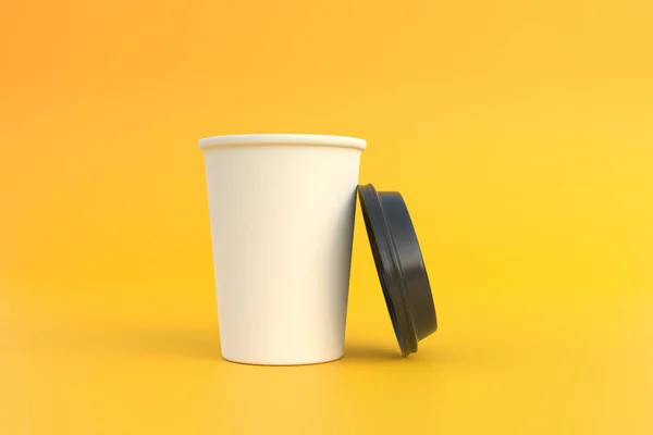 Disposable paper coffee cup with black lid on yellow background. Minimal concept. 3D Rendering 3D Illustration