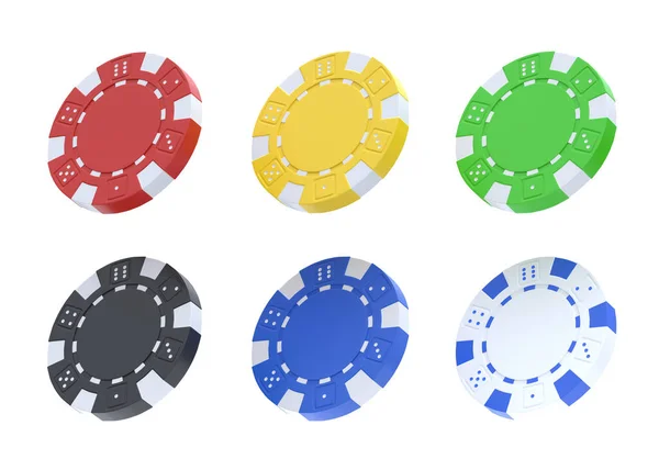 白い背景に隔離されたさまざまな角度から色のカジノチップのコレクション ギャンブルゲームカジノのコンセプト 3Dレンダリング図 — ストック写真