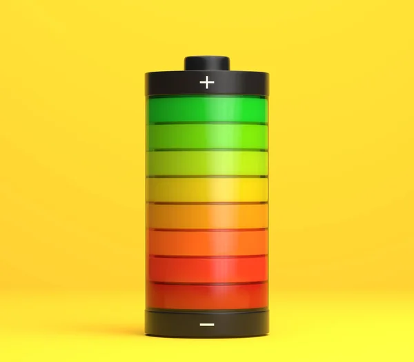 Fulladdat Batteri Batteriladdningsstatusindikator Ljusgul Bakgrund Pastellfärger Kreativt Minimalt Koncept Återgivning — Stockfoto