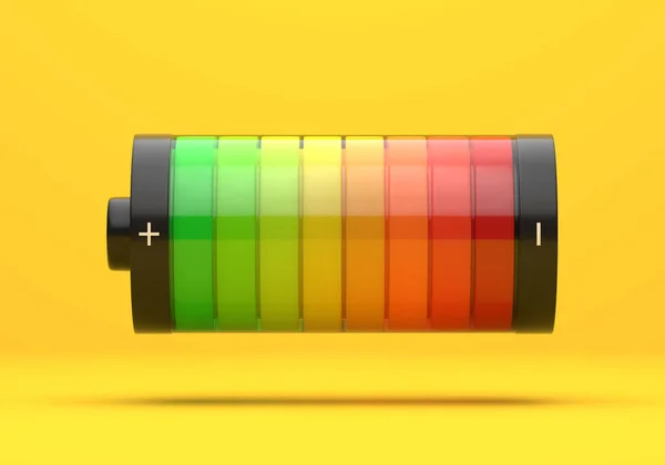 Volle Batterie Batterieladezustandsanzeige Auf Leuchtend Gelbem Hintergrund Pastellfarben Kreatives Minimalkonzept — Stockfoto
