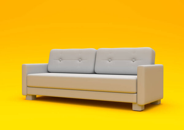 Modern sofa, couch isolated on a pastel yellow living room. Empty interior background . Minimal creative style concept. 3D rendering illustration side view