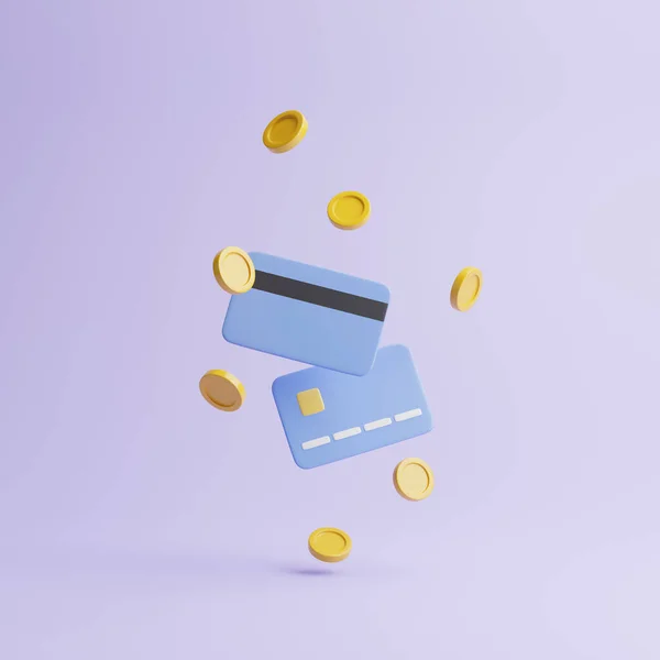 Ikona Kart Kredytowych Złotymi Monetami Unosi Się Pastelowym Fioletowym Tle — Zdjęcie stockowe