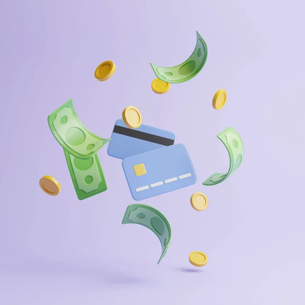 Yeşil Banknotlu Kredi Kartı Ikonu Pastel Menekşe Arkaplanda Altın Sikkeler — Stok fotoğraf