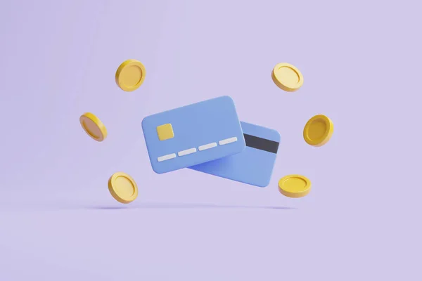 信用卡图标和金币漂浮在紫罗兰色的背景上 业务和在线支付的概念 3D渲染说明 — 图库照片