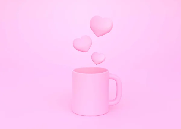 Little Sweet Hearts Floating Pink Mug Pastel Pink Background Morning — Stock Photo, Image