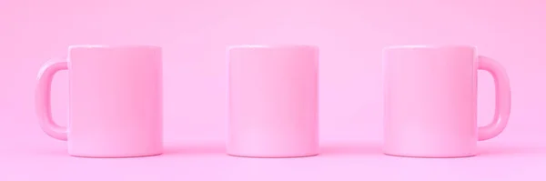 三杯粉红瓷杯或空杯子 用于咖啡 饮料或粉色背景的茶 前面的景色最小的概念 3D渲染3D说明 — 图库照片
