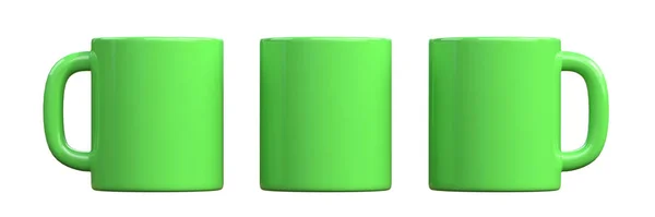 Зеленые Керамические Чашки Пустые Кружки Кофе Напитков Чая Белом Фоне — стоковое фото