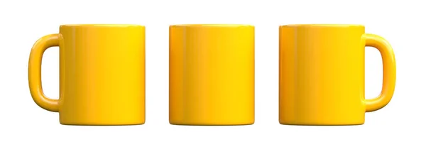 Желтые Керамические Чашки Пустые Кружки Кофе Напитков Чая Белом Фоне — стоковое фото