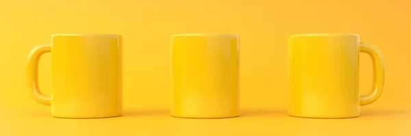 Три Желтые Керамические Чашки Пустая Кружка Кофе Напитков Чая Желтом — стоковое фото