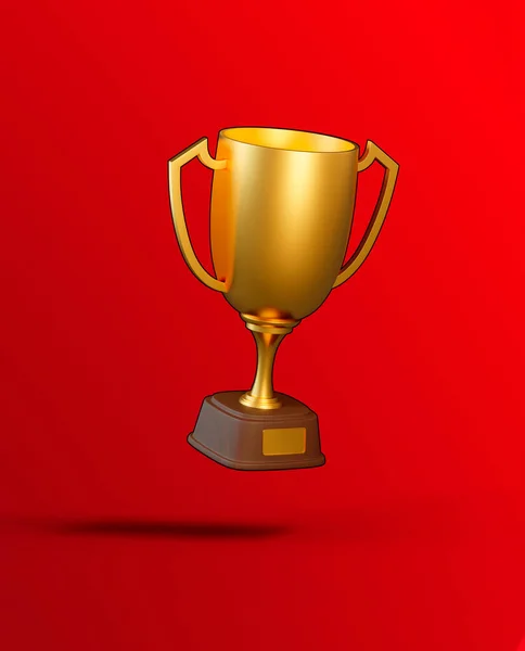 Fliegender Goldener Pokal Auf Rotem Hintergrund Sportturnierpreis Goldpokal Und Siegerkonzept — Stockfoto