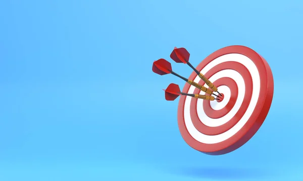 Three Darts Hitting Red Target Center Blue Background Copy Space — Stock Photo, Image