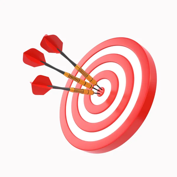 Three Darts Hitting Red Target Center Isolated White Background Render — Stock Photo, Image