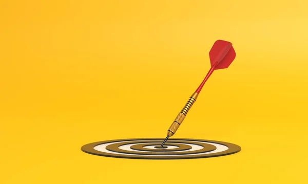 Dart Hitting Target Center Yellow Background Copy Space Minimal Concept — Stock Photo, Image