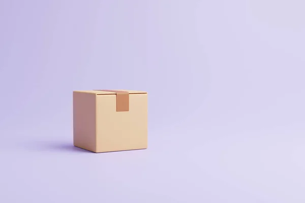 One Brown Cardboard Box Pastel Lilac Background Concept Transportation Delivery — Stock Photo, Image