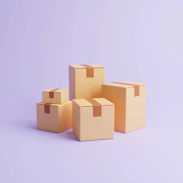 一组褐色纸板箱在淡紫色的背景上 顶部视图 运输和交付的概念 3D渲染说明 — 图库照片