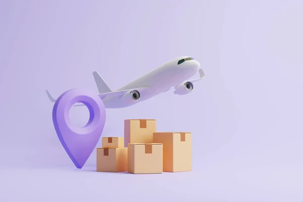 Grupo Caixas Papelão Marrom Com Ponteiro Localização Violeta Avião Voador — Fotografia de Stock