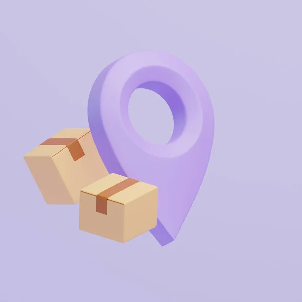 Zwei Braune Kartons Mit Violettem Lagezeiger Auf Pastellfliederfarbenem Hintergrund Konzept — Stockfoto