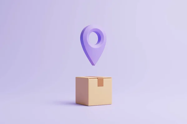 Caja Cartón Marrón Con Pasador Ubicación Violeta Sobre Fondo Lila —  Fotos de Stock