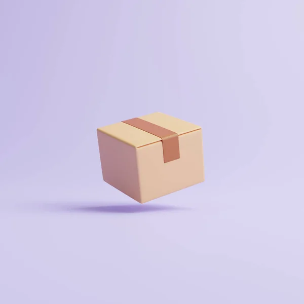 一只棕色纸板箱漂浮在淡紫色的背景上 运输和交付的概念 3D渲染说明 — 图库照片