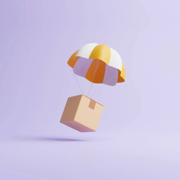 褐色包裹纸盒 黄色和白色降落伞在淡紫色背景 网上购物 数字营销和商业概念 3D渲染说明 — 图库照片