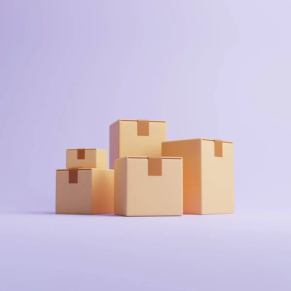 一组褐色纸板箱在淡紫色的背景上 侧视图 运输和交付的概念 3D渲染说明 — 图库照片