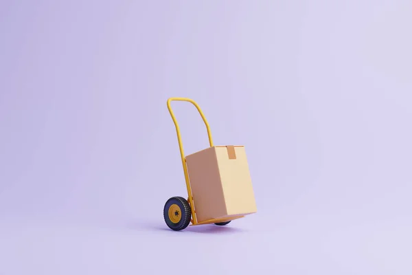 Hand Truck Brown Cardboard Box Pastel Lilac Background Transportation Delivery — Stock Photo, Image