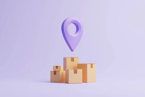 Group Brown Cardboard Boxes Violet Location Pointer Pastel Lilac Background — Stock Photo, Image