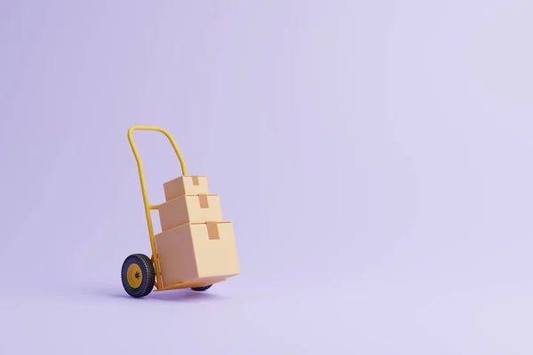 带有三个褐色纸板箱的手推车 底色为淡紫色 运输和交付概念 3D渲染说明 — 图库照片