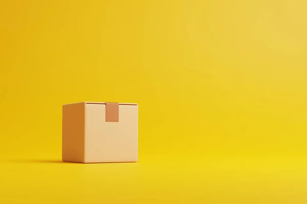 Одна Коричневая Картонная Коробка Желтом Фоне Концепция Транспортировки Доставки Трехмерная — стоковое фото