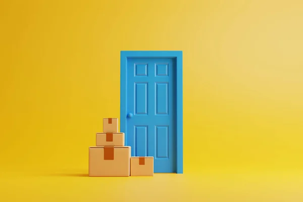黄色の背景に青いドアの近くの段ボール箱のグループ 移転の概念 3Dレンダリング図 — ストック写真