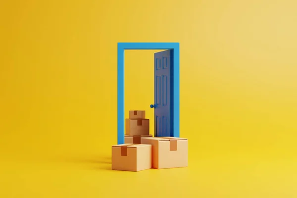 Group Cardboard Boxes Opening Blue Door Yellow Background Concept Delivery — Stock Photo, Image