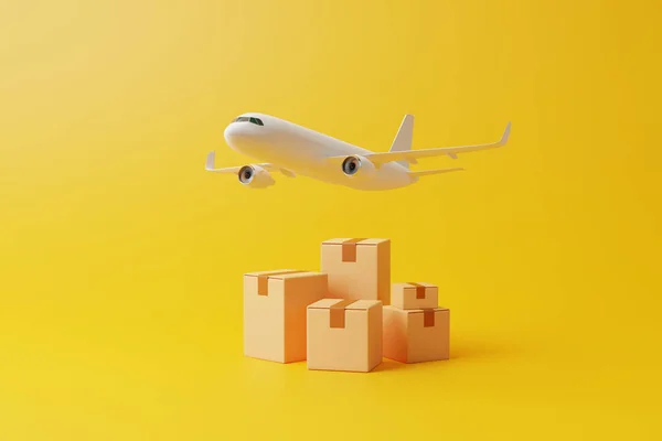 Group of brown cardboard boxes  under flying airplane on yellow background. Concept of safe and fast deliveries. 3d render illustration