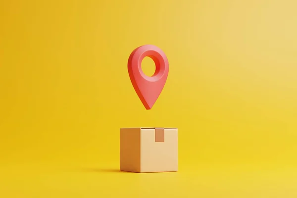 Brown Cardboard Box Red Location Pin Yellow Background Concept Safe — Stock Photo, Image
