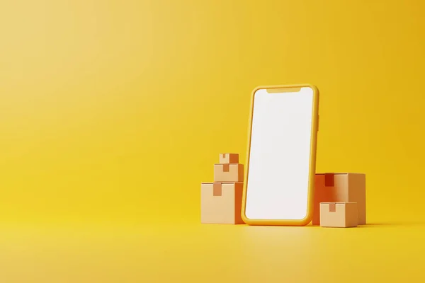 Smartphone Com Grupo Caixas Papelão Fundo Amarelo Arrepiar Design Entrega — Fotografia de Stock