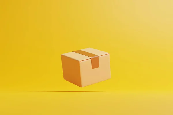 Una Sola Caja Cartón Marrón Flotar Sobre Fondo Amarillo Concepto — Foto de Stock