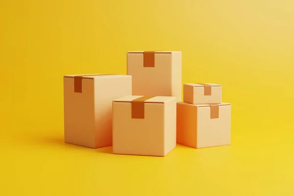 黄色の背景に茶色の段ボール箱のグループ 輸送と配送の概念 3Dレンダリング図 — ストック写真