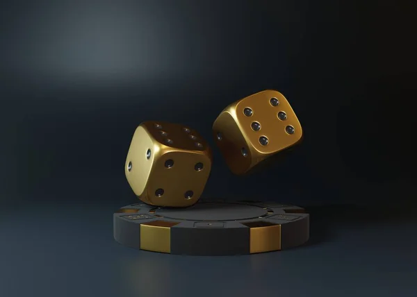 カジノチップと黒を背景に飛行中の2つの黄金のローリングギャンブルダイス 幸運なサイコロ ボードゲーム 賭けだ 3Dレンダリング図 — ストック写真
