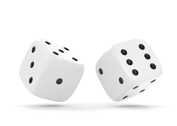 白い背景で飛行中の2つの白いローリングギャンブルダイス 幸運なサイコロ ボードゲーム 賭けだ 3Dレンダリング図 — ストック写真