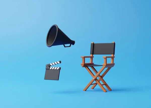 Καρέκλα Διευθυντή Γυψοσανίδα Και Μεγάφωνο Μπλε Φόντο Έννοια Κινηματογραφικής Βιομηχανίας — Φωτογραφία Αρχείου
